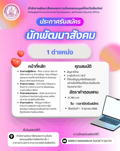 ประกาศรับสมัครบุคคลเพื่อสรรหาและเลือกสรรเป็นพนักงานราชการ ตำแหน่ง นักพัฒนาสังคม